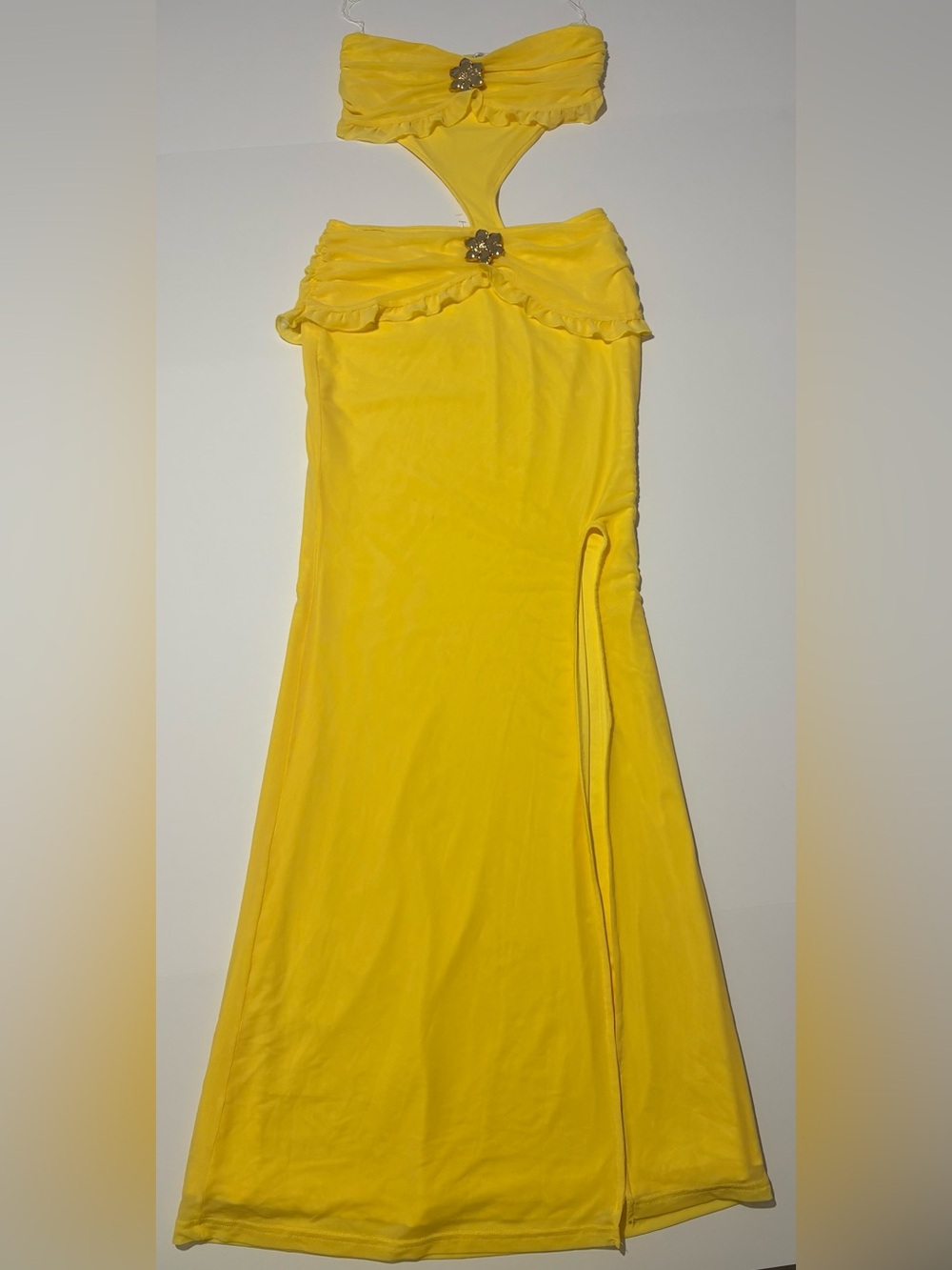 Fashion Nova Yellow One-Shoulder Evening Gown with Floral Brooch